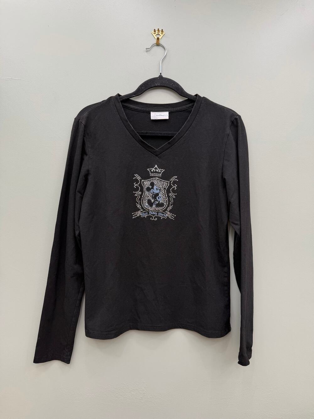 Walt Disney World Mickey Mouse Rhinestone V-Neck Long Sleeve Tee Black